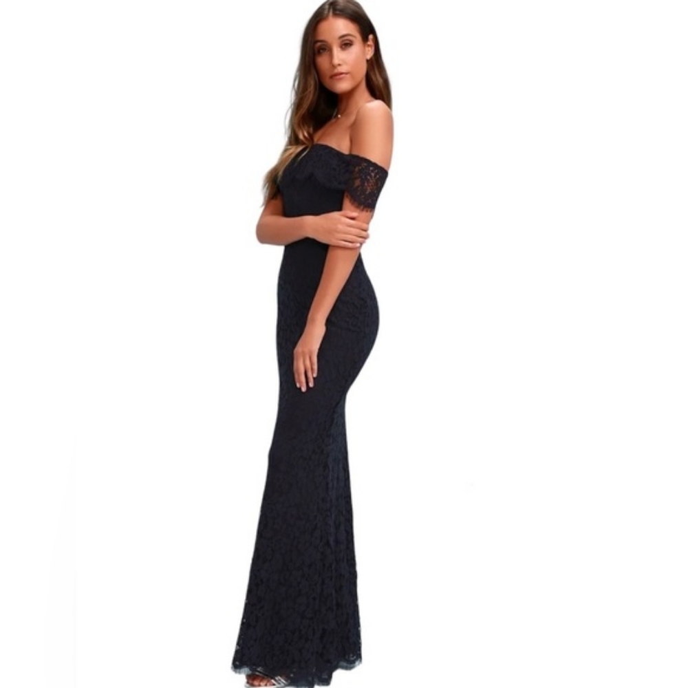Lulus Romantic Heart Lace Off-the-Shoulder Maxi Dress Floral Navy Blue Size XS